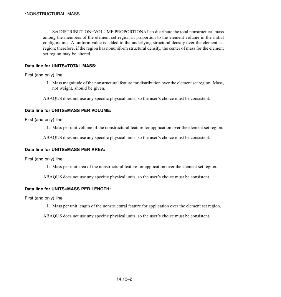 Data line for units = total mass, Data line for units = mass per volume, Data line for units = mass per area | Data line for units = mass per length | ABAQUS Volume II: I–Z User Manual | Page 216 / 628