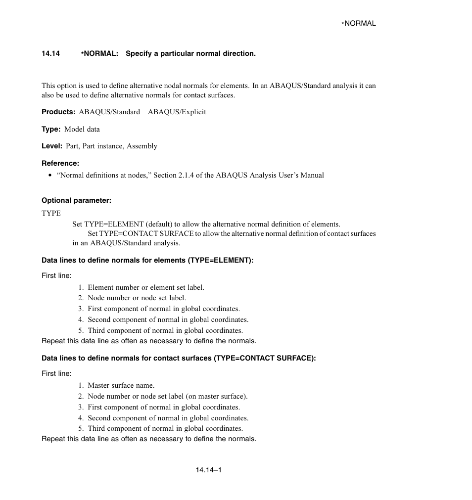 14 * normal: specify a particular normal direction, Optional parameter | ABAQUS Volume II: I–Z User Manual | Page 217 / 628