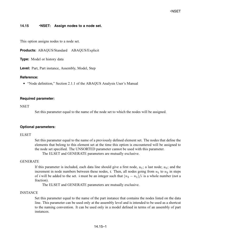 15 * nset: assign nodes to a node set, Required parameter, Optional parameters | ABAQUS Volume II: I–Z User Manual | Page 219 / 628