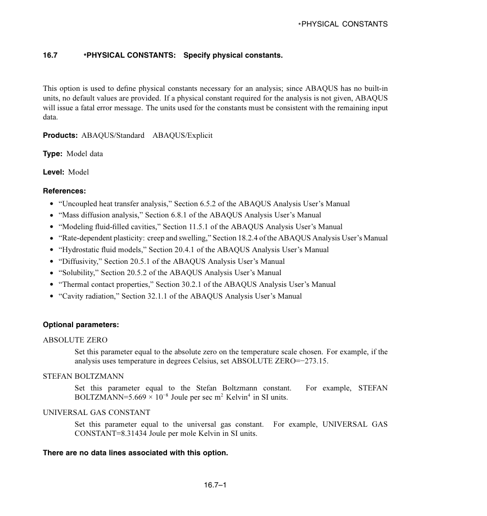 7 * physical constants: specify physical constants, Optional parameters | ABAQUS Volume II: I–Z User Manual | Page 257 / 628