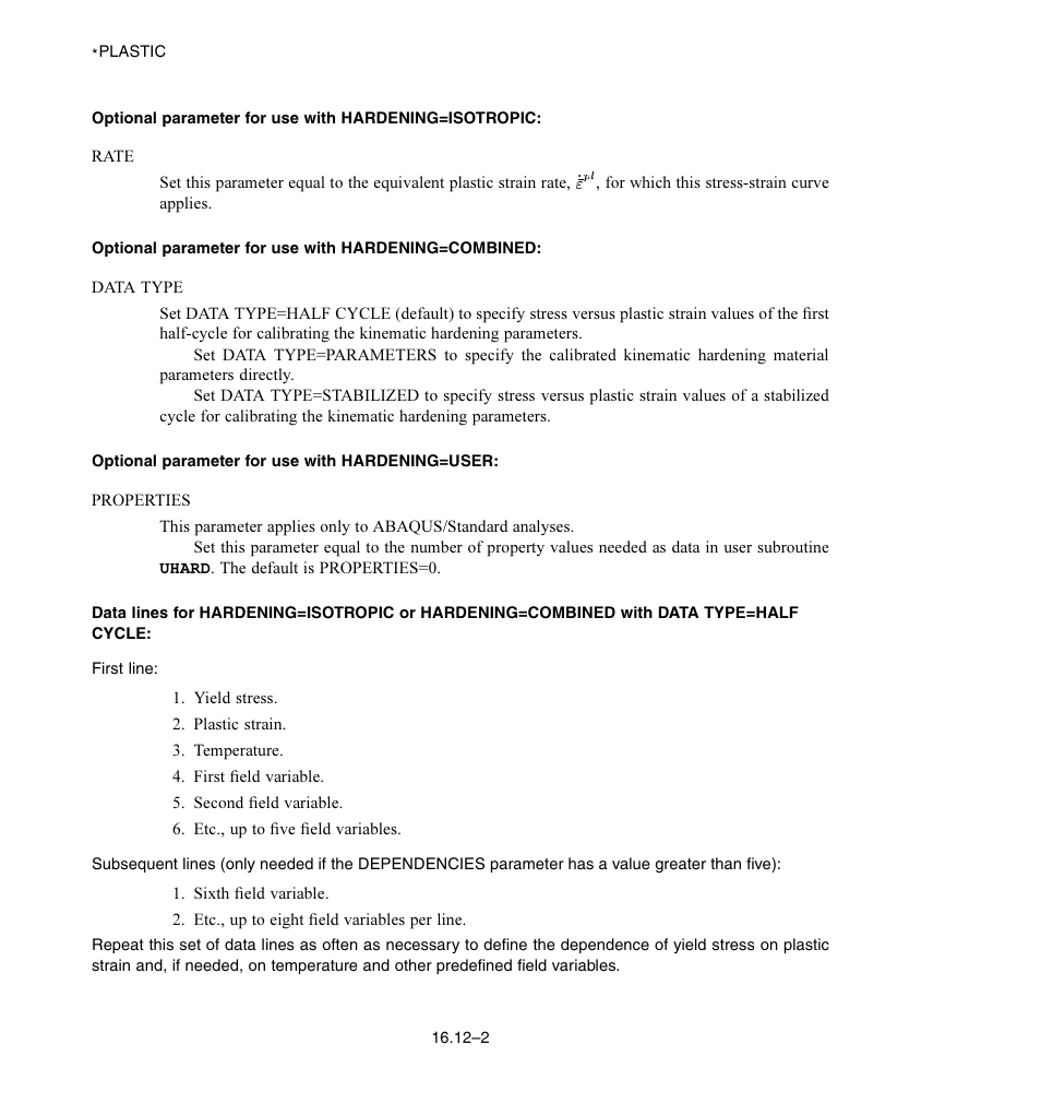 Optional parameter for use with hardening = user | ABAQUS Volume II: I–Z User Manual | Page 276 / 628