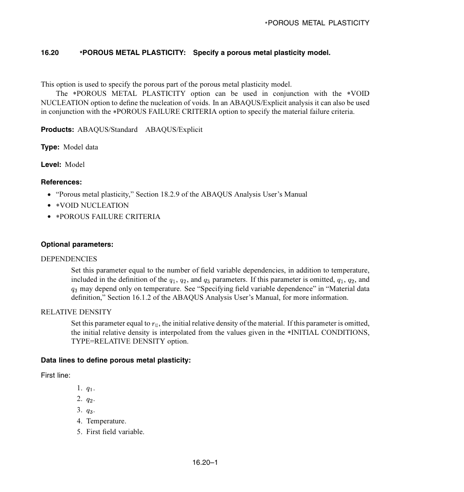 Optional parameters, Data lines to define porous metal plasticity | ABAQUS Volume II: I–Z User Manual | Page 293 / 628