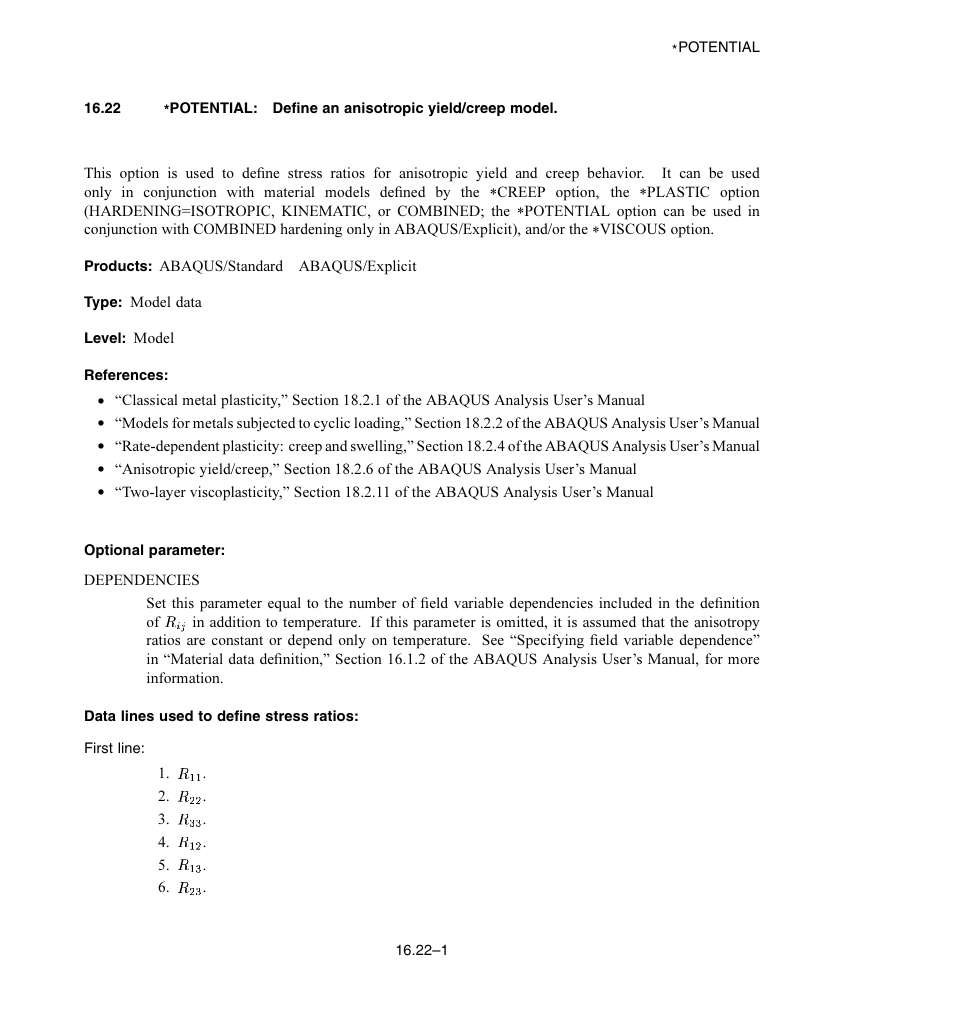 Optional parameter, Data lines used to define stress ratios | ABAQUS Volume II: I–Z User Manual | Page 297 / 628