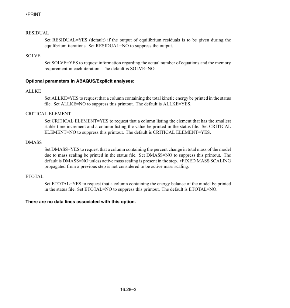 Optional parameters in abaqus/explicit analyses | ABAQUS Volume II: I–Z User Manual | Page 312 / 628