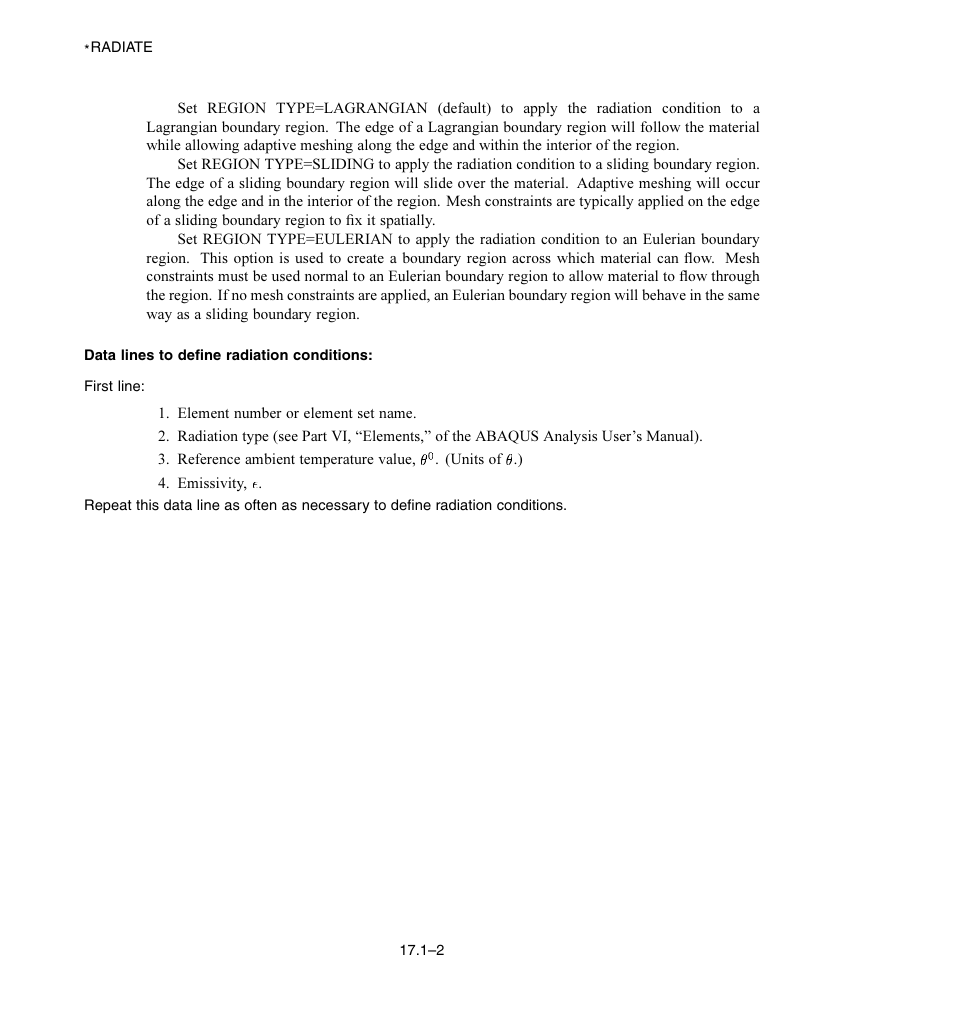 Data lines to define radiation conditions | ABAQUS Volume II: I–Z User Manual | Page 318 / 628