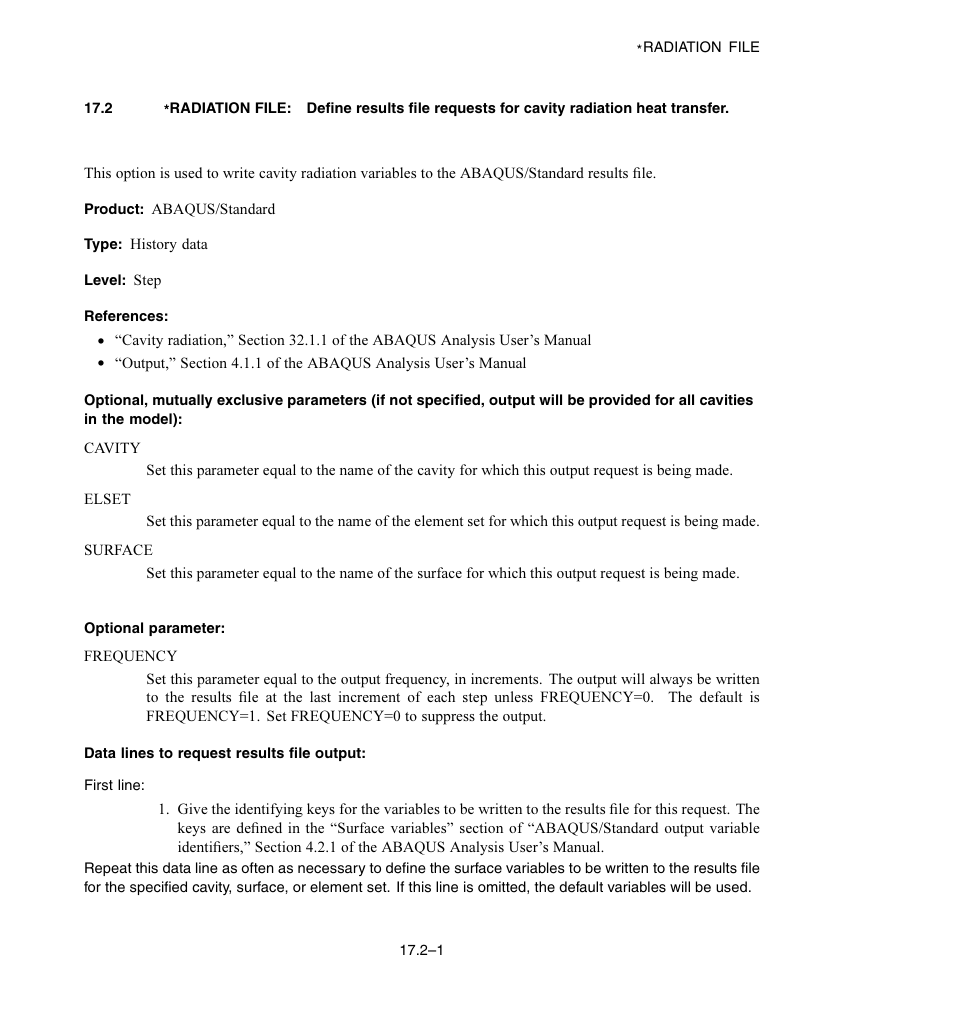 Optional parameter, Data lines to request results file output | ABAQUS Volume II: I–Z User Manual | Page 319 / 628