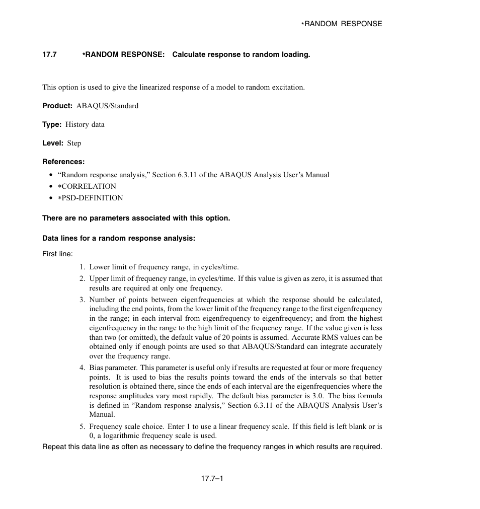 Data lines for a random response analysis | ABAQUS Volume II: I–Z User Manual | Page 329 / 628