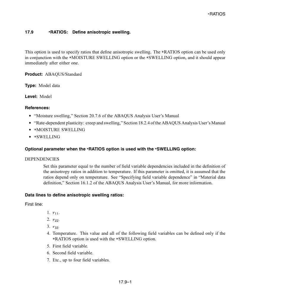 9 * ratios: define anisotropic swelling, Data lines to define anisotropic swelling ratios | ABAQUS Volume II: I–Z User Manual | Page 333 / 628