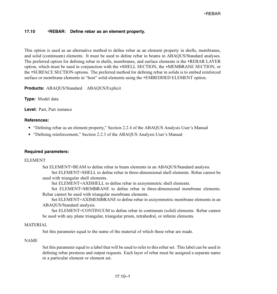 10 * rebar: define rebar as an element property, Required parameters | ABAQUS Volume II: I–Z User Manual | Page 335 / 628