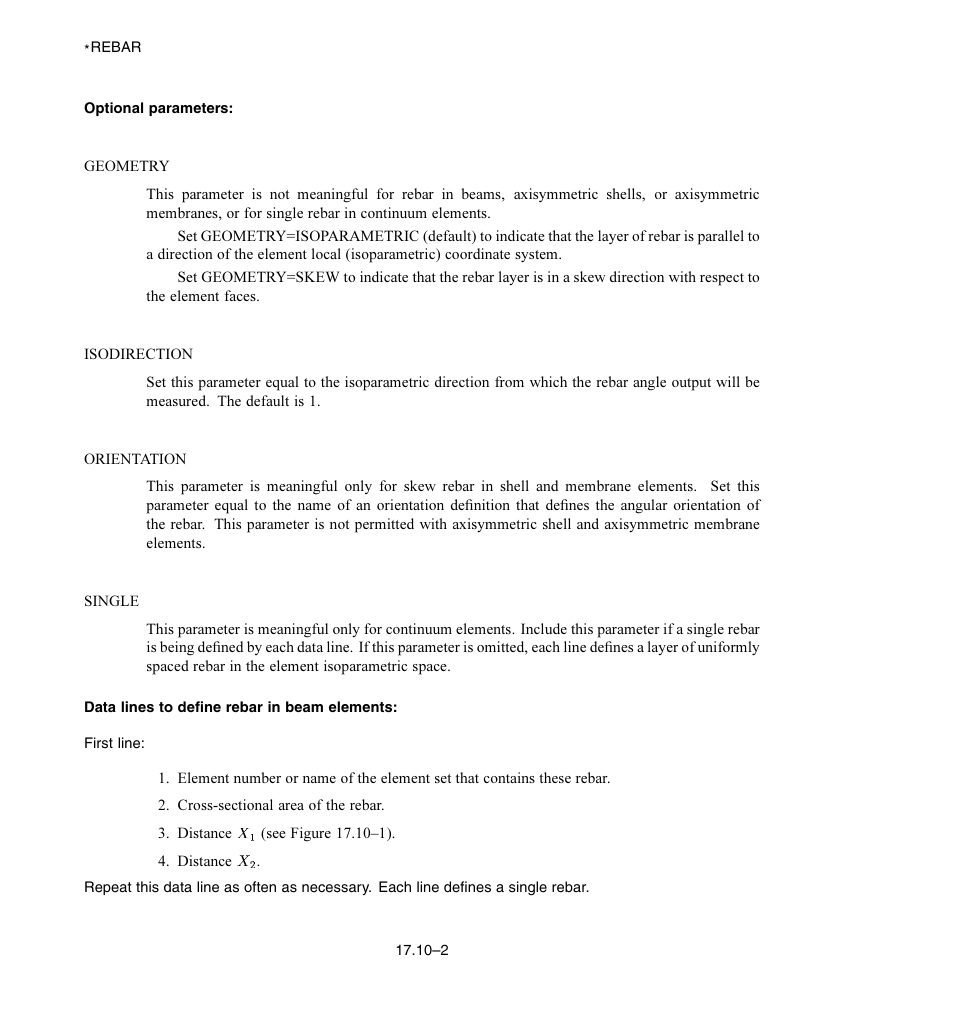 Optional parameters, Data lines to define rebar in beam elements | ABAQUS Volume II: I–Z User Manual | Page 336 / 628