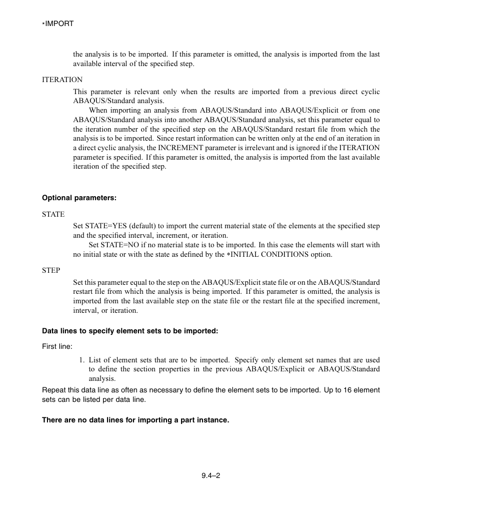 Optional parameters, Data lines to specify element sets to be imported | ABAQUS Volume II: I–Z User Manual | Page 34 / 628