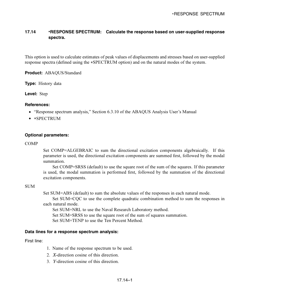 Optional parameters, Data lines for a response spectrum analysis | ABAQUS Volume II: I–Z User Manual | Page 357 / 628