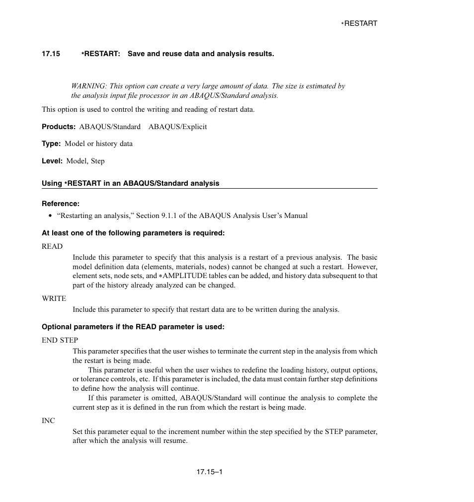 Using * restart in an abaqus/standard analysis, Optional parameters if the read parameter is used | ABAQUS Volume II: I–Z User Manual | Page 359 / 628