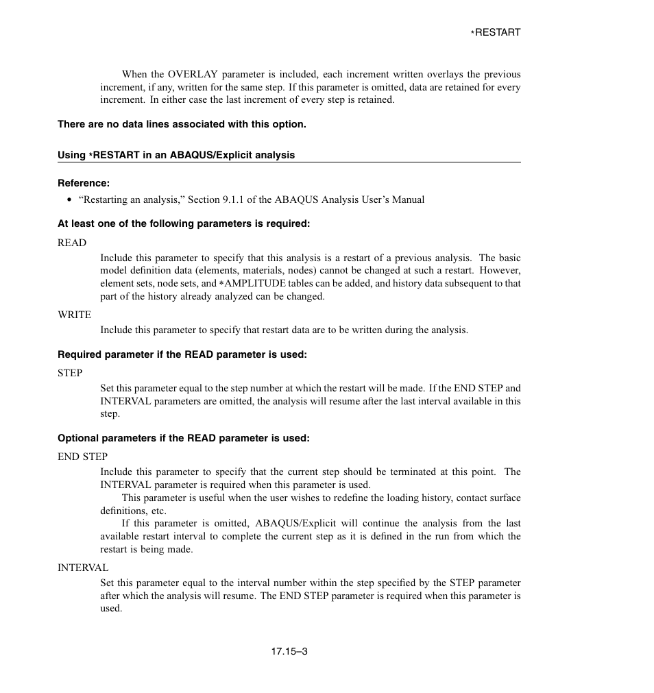 Using * restart in an abaqus/explicit analysis, Required parameter if the read parameter is used, Optional parameters if the read parameter is used | ABAQUS Volume II: I–Z User Manual | Page 361 / 628