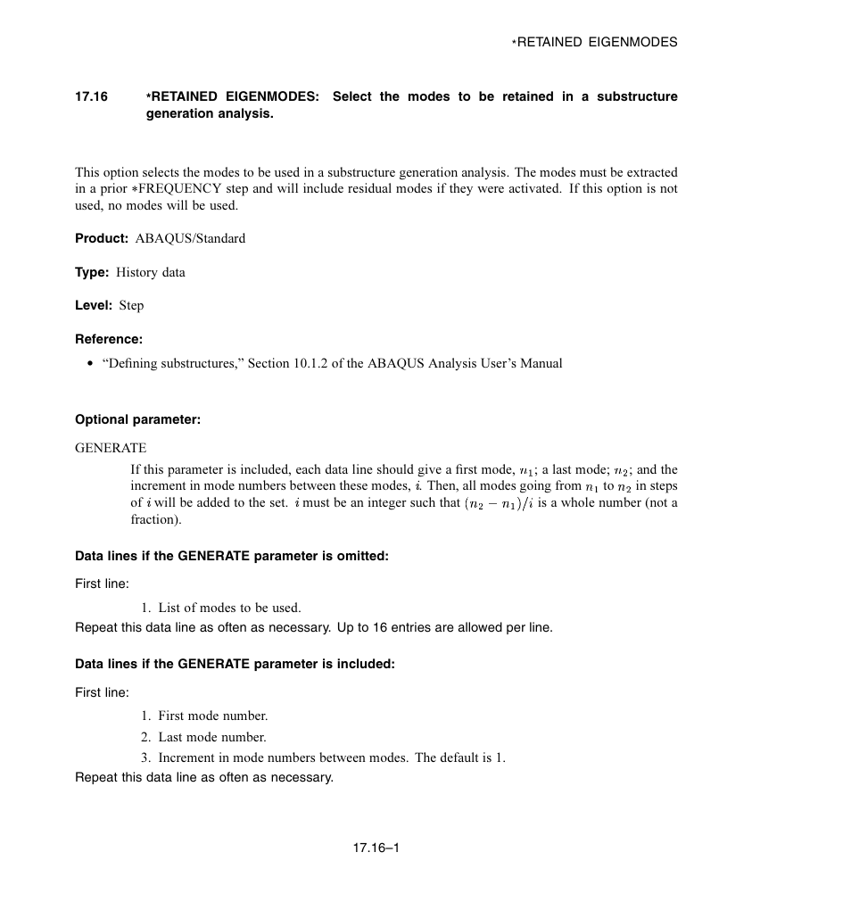 Optional parameter, Data lines if the generate parameter is omitted, Data lines if the generate parameter is included | ABAQUS Volume II: I–Z User Manual | Page 363 / 628