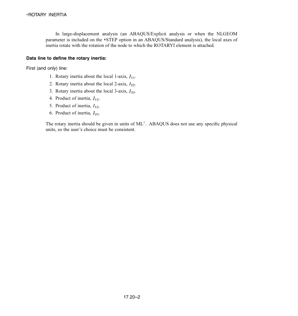 Data line to define the rotary inertia | ABAQUS Volume II: I–Z User Manual | Page 378 / 628