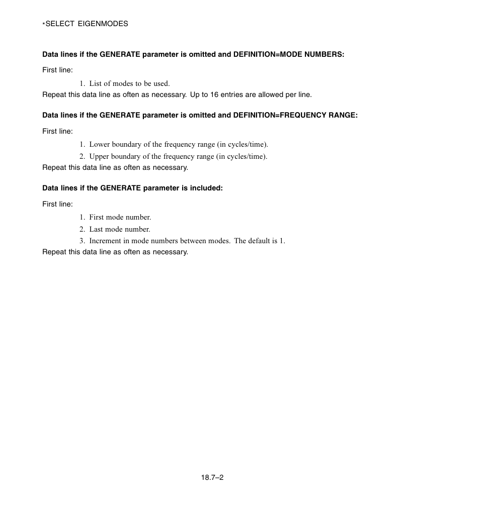 Data lines if the generate parameter is included | ABAQUS Volume II: I–Z User Manual | Page 402 / 628