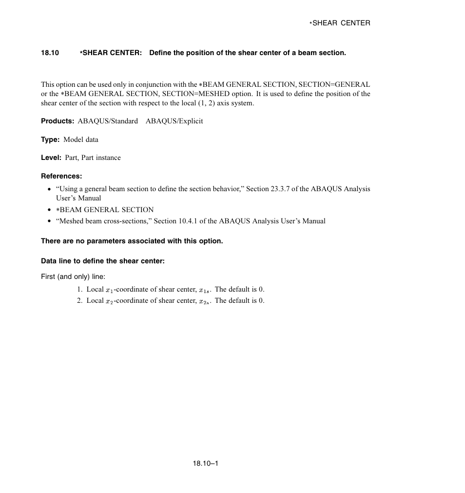 Data line to define the shear center | ABAQUS Volume II: I–Z User Manual | Page 407 / 628