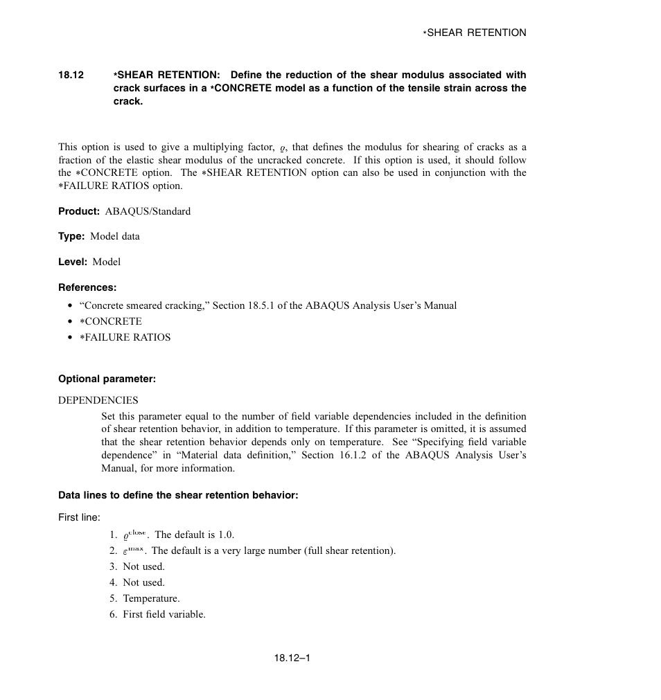 Optional parameter, Data lines to define the shear retention behavior | ABAQUS Volume II: I–Z User Manual | Page 411 / 628