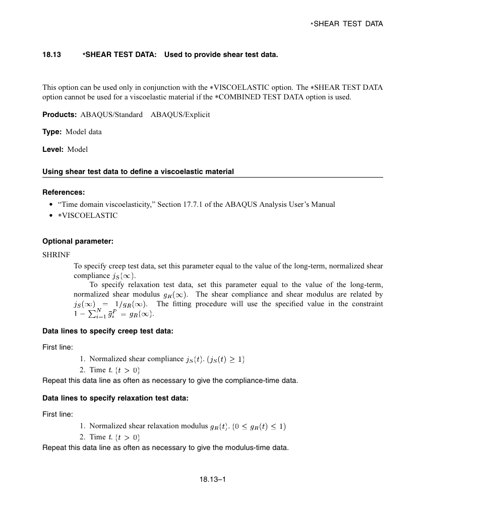 Optional parameter, Data lines to specify creep test data, Data lines to specify relaxation test data | ABAQUS Volume II: I–Z User Manual | Page 413 / 628