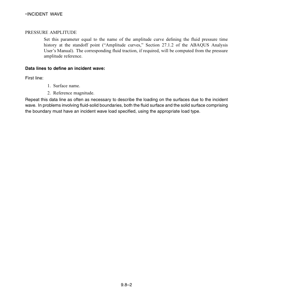 Data lines to define an incident wave | ABAQUS Volume II: I–Z User Manual | Page 42 / 628