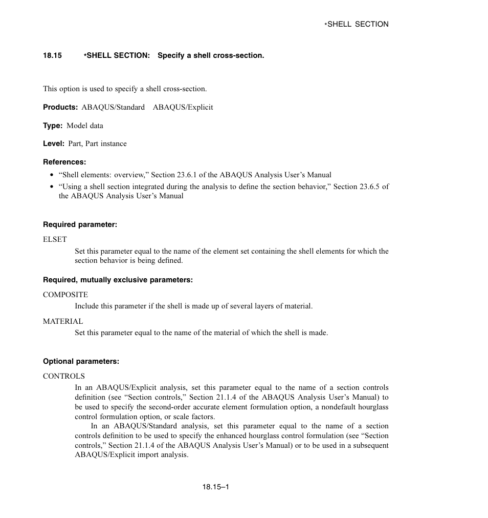 15 * shell section: specify a shell cross-section, Required parameter, Required, mutually exclusive parameters | Optional parameters | ABAQUS Volume II: I–Z User Manual | Page 421 / 628