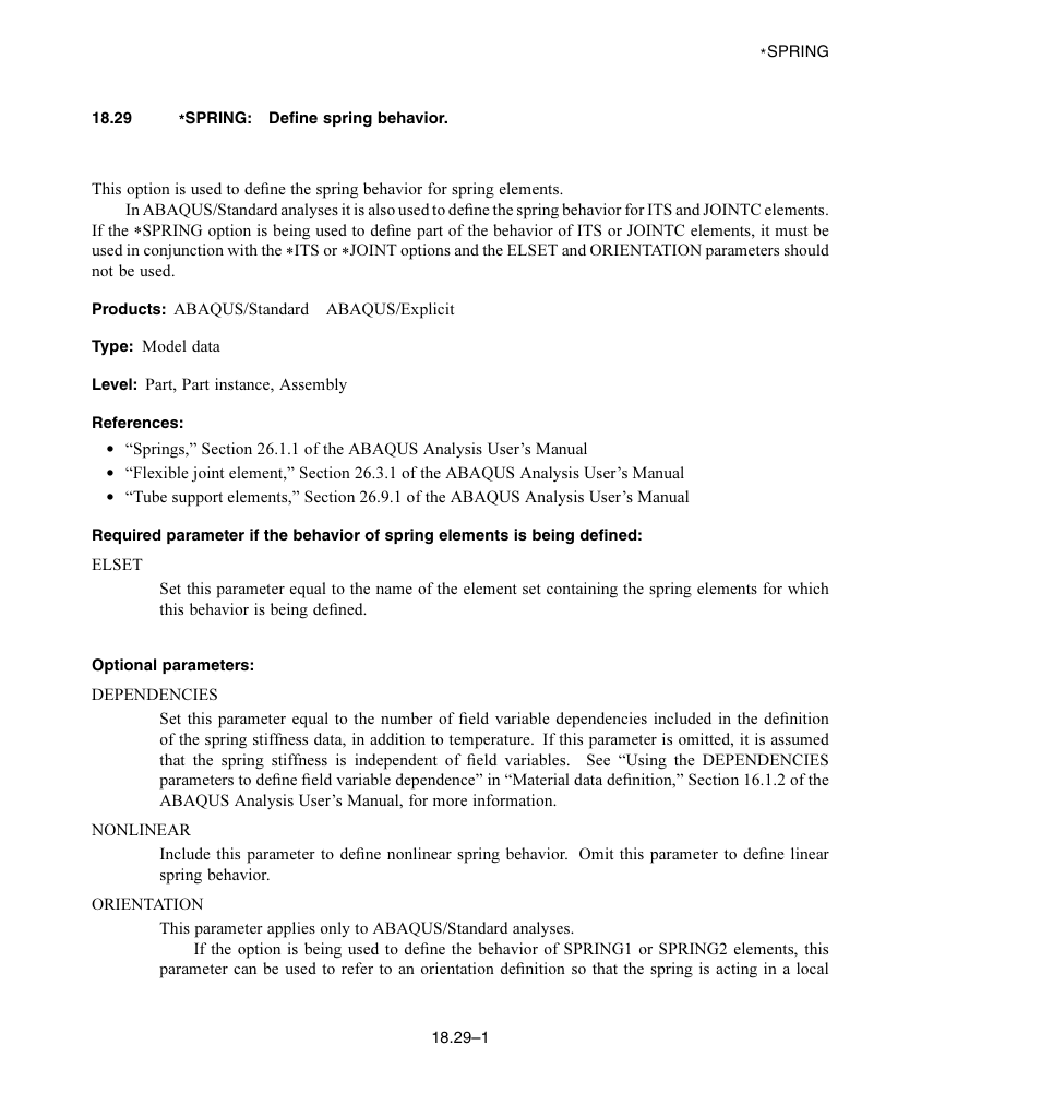 29 * spring: define spring behavior, Optional parameters | ABAQUS Volume II: I–Z User Manual | Page 455 / 628