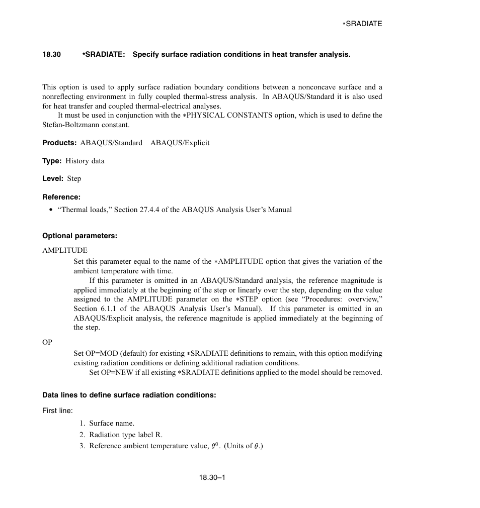 Optional parameters, Data lines to define surface radiation conditions | ABAQUS Volume II: I–Z User Manual | Page 459 / 628