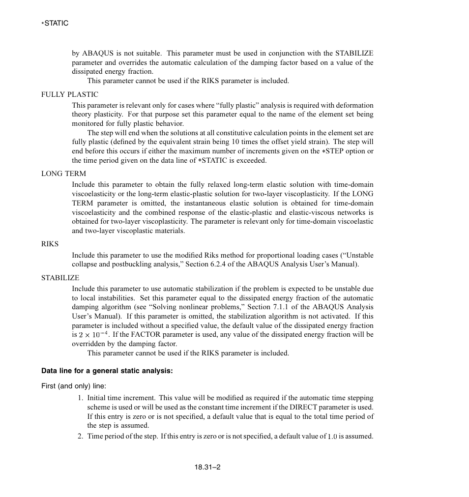 Data line for a general static analysis | ABAQUS Volume II: I–Z User Manual | Page 462 / 628