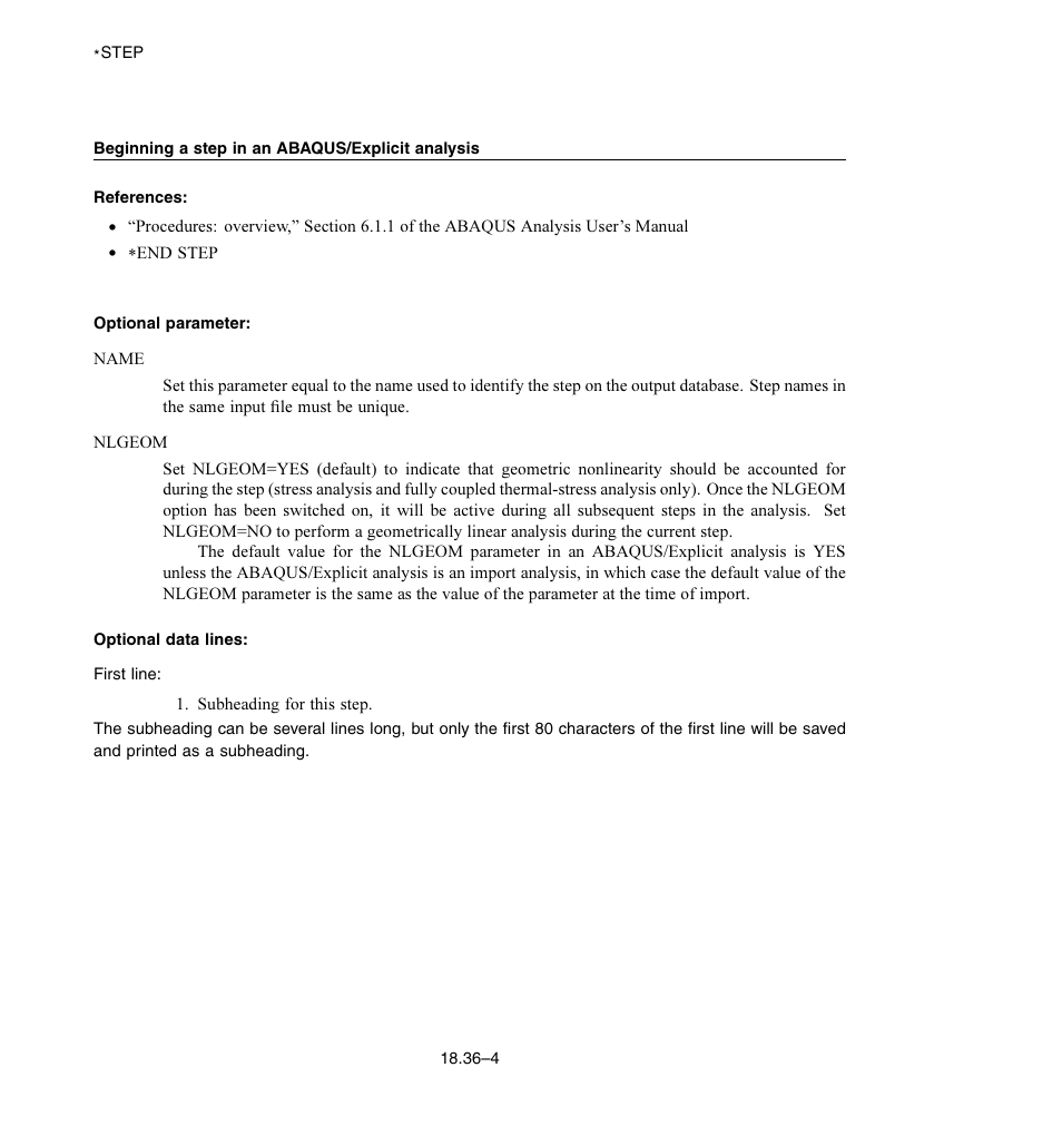 Beginning a step in an abaqus/explicit analysis, Optional parameter, Optional data lines | ABAQUS Volume II: I–Z User Manual | Page 480 / 628