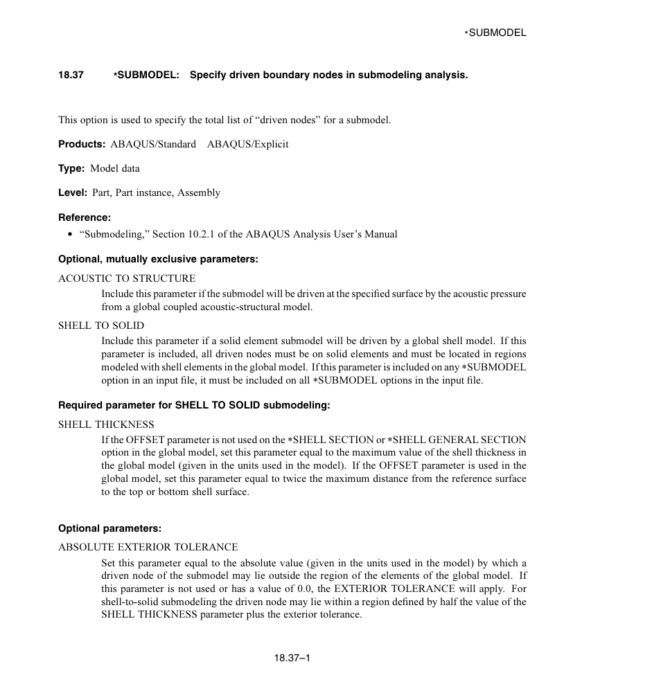 Optional, mutually exclusive parameters, Required parameter for shell to solid submodeling, Optional parameters | ABAQUS Volume II: I–Z User Manual | Page 481 / 628