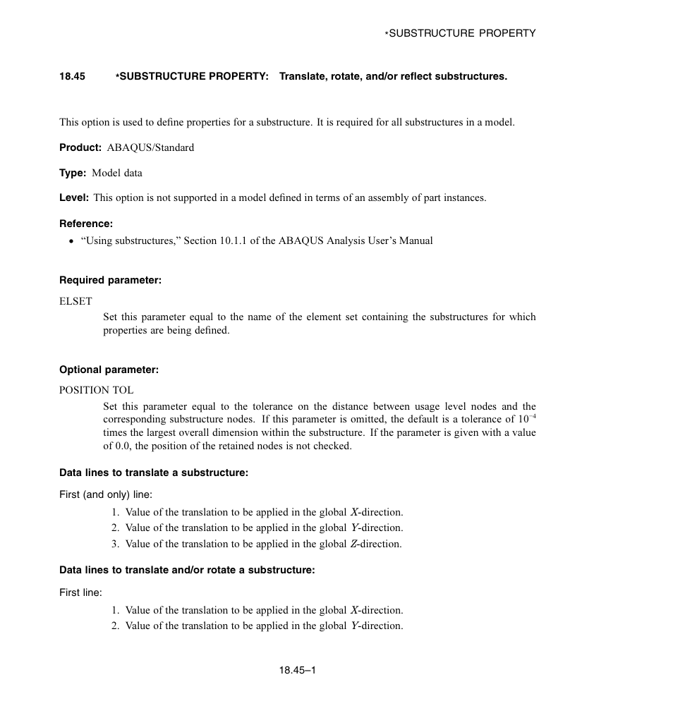 Required parameter, Optional parameter, Data lines to translate a substructure | ABAQUS Volume II: I–Z User Manual | Page 497 / 628