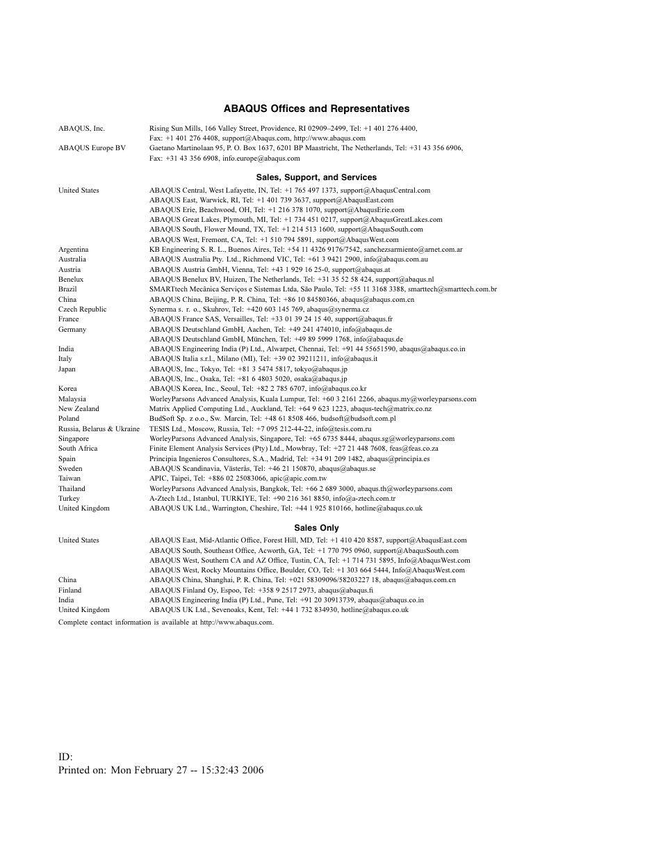 Abaqus offices and representatives | ABAQUS Volume II: I–Z User Manual | Page 5 / 628