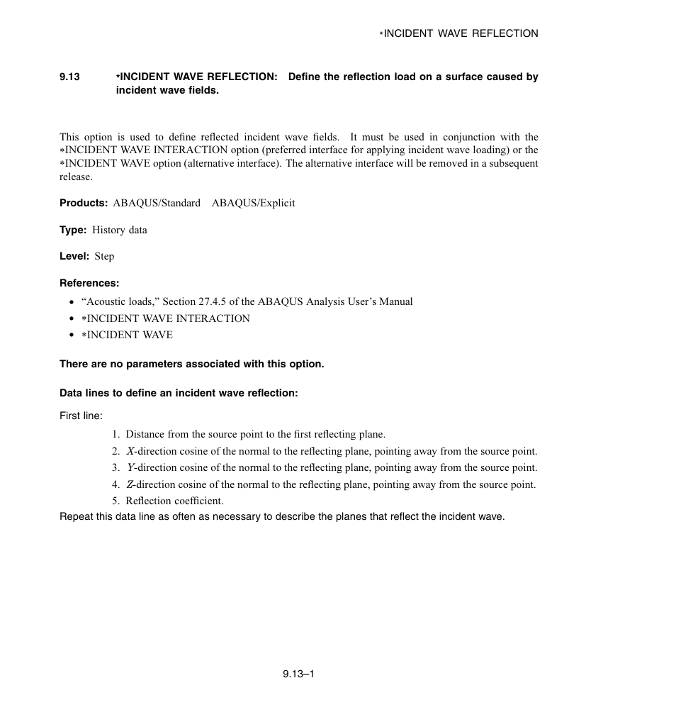 Data lines to define an incident wave reflection | ABAQUS Volume II: I–Z User Manual | Page 51 / 628