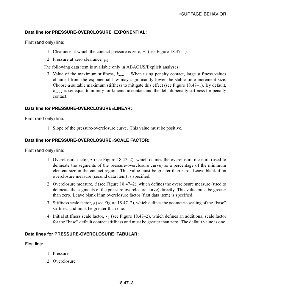 Data line for pressure-overclosure = exponential, Data line for pressure-overclosure = linear, Data line for pressure-overclosure = scale factor | Data lines for pressure-overclosure = tabular | ABAQUS Volume II: I–Z User Manual | Page 513 / 628