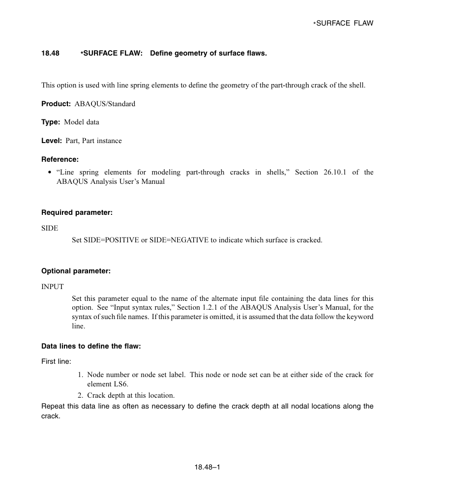 Required parameter, Optional parameter, Data lines to define the flaw | ABAQUS Volume II: I–Z User Manual | Page 517 / 628