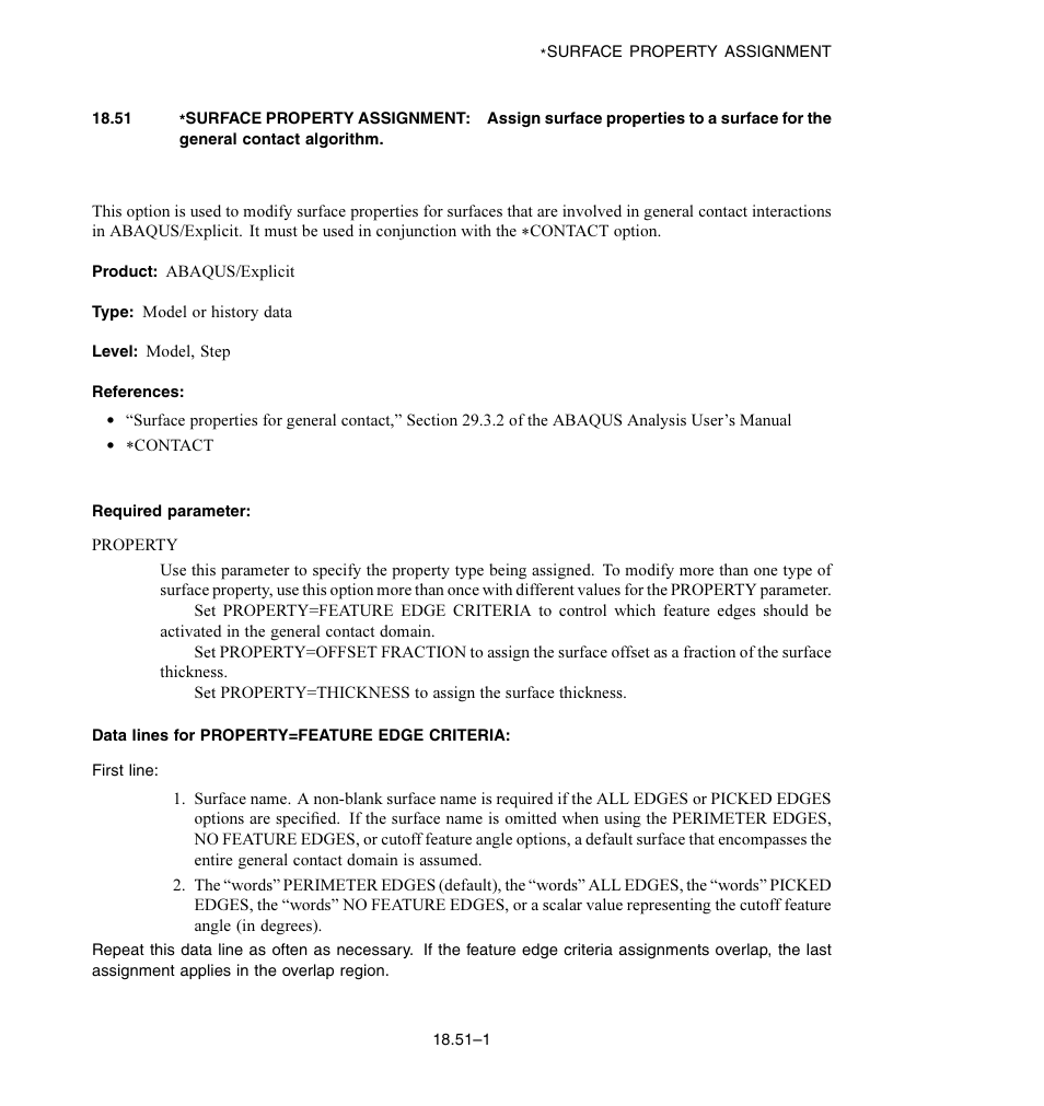 Required parameter, Data lines for property = feature edge criteria | ABAQUS Volume II: I–Z User Manual | Page 525 / 628