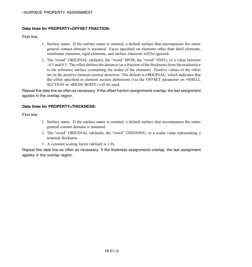 Data lines for property = offset fraction, Data lines for property = thickness | ABAQUS Volume II: I–Z User Manual | Page 526 / 628