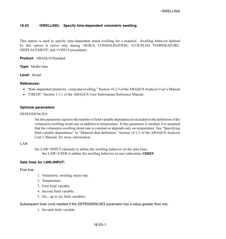 Optional parameters, Data lines for law = input | ABAQUS Volume II: I–Z User Manual | Page 529 / 628