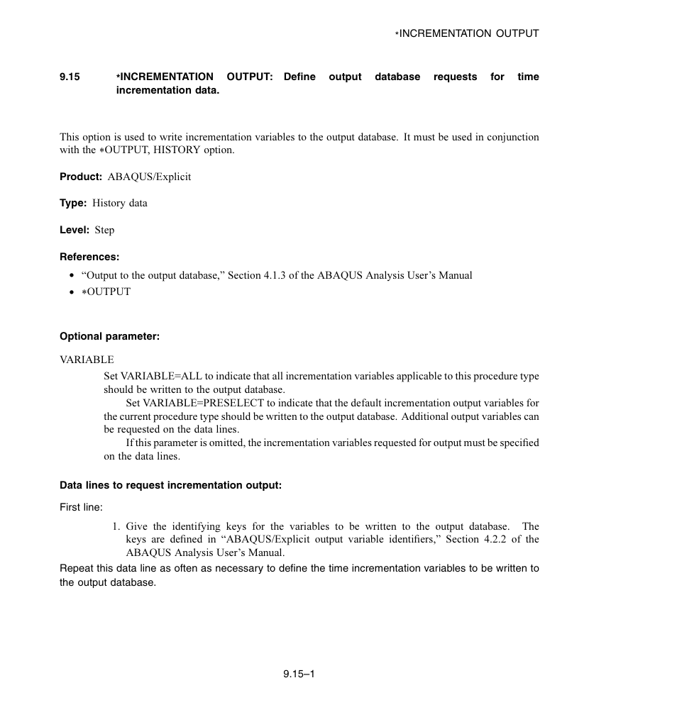 Optional parameter, Data lines to request incrementation output | ABAQUS Volume II: I–Z User Manual | Page 55 / 628