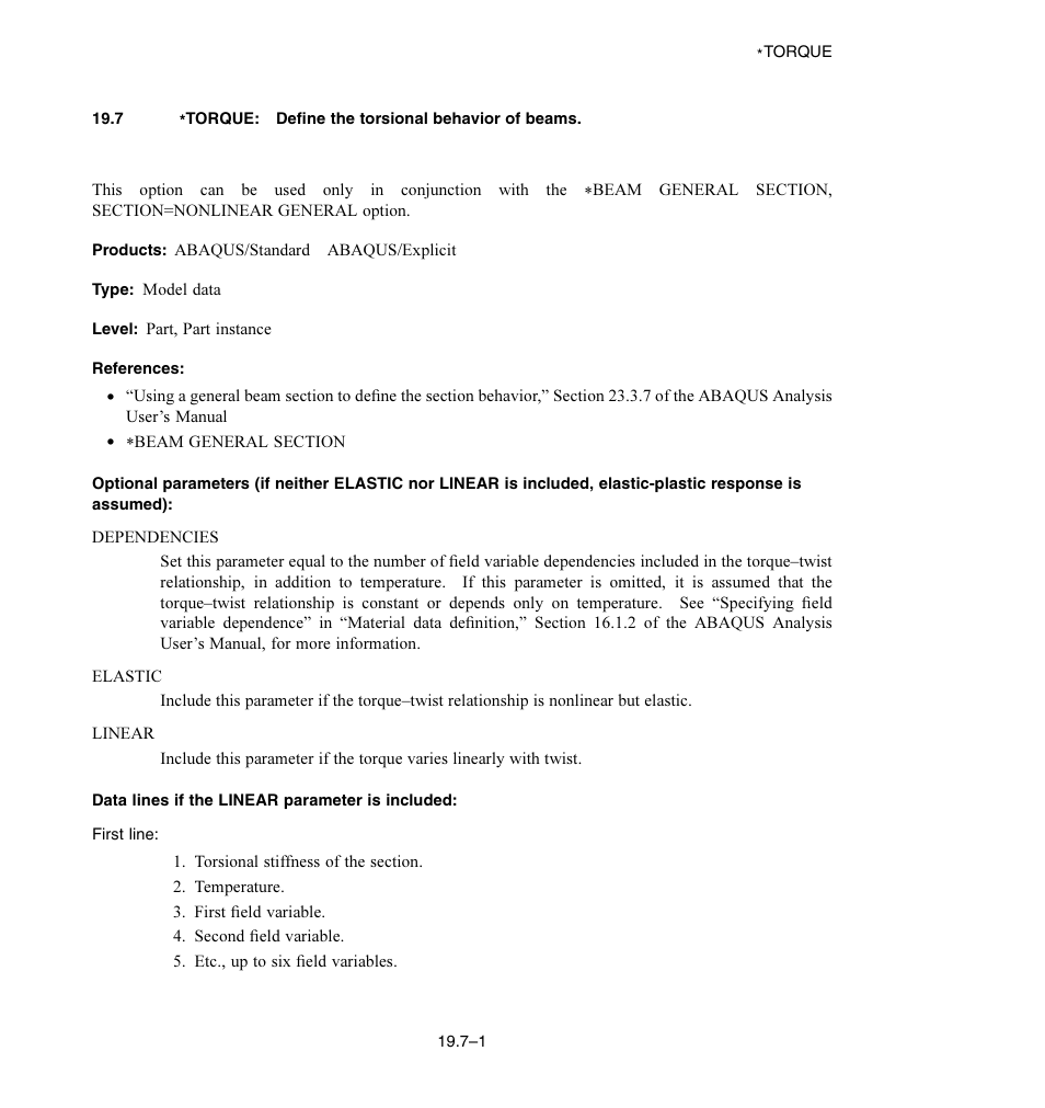 7 * torque: define the torsional behavior of beams, Data lines if the linear parameter is included | ABAQUS Volume II: I–Z User Manual | Page 561 / 628