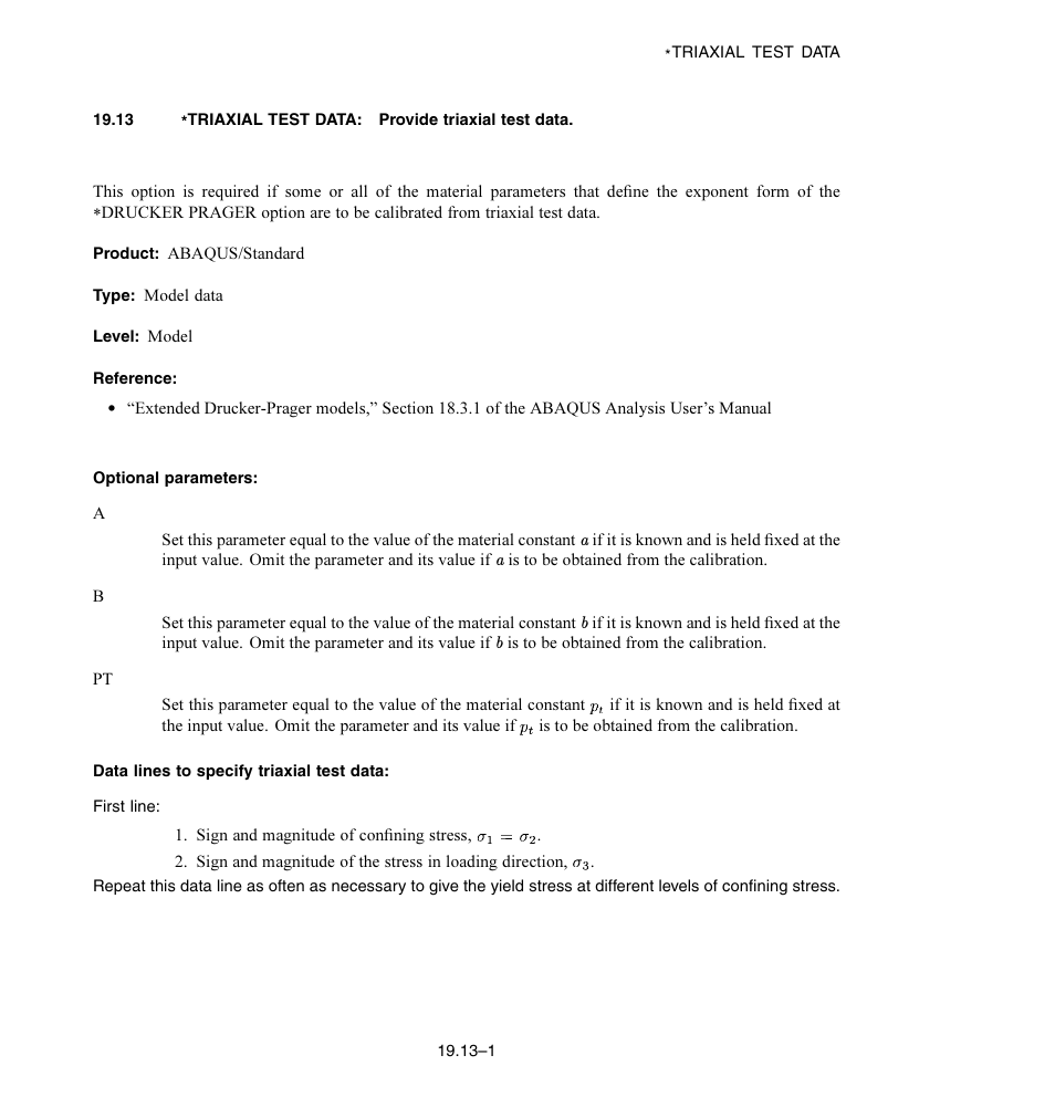 Optional parameters, Data lines to specify triaxial test data | ABAQUS Volume II: I–Z User Manual | Page 575 / 628