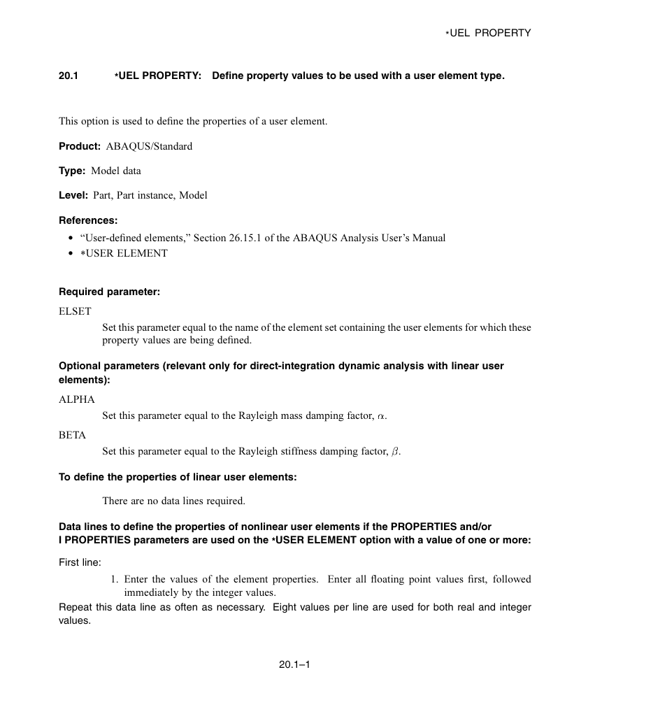 Required parameter, To define the properties of linear user elements | ABAQUS Volume II: I–Z User Manual | Page 581 / 628