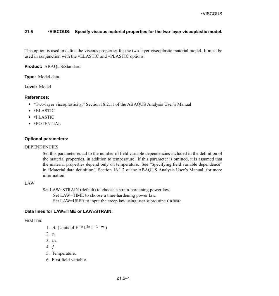 Optional parameters, Data lines for law = time or law = strain | ABAQUS Volume II: I–Z User Manual | Page 613 / 628