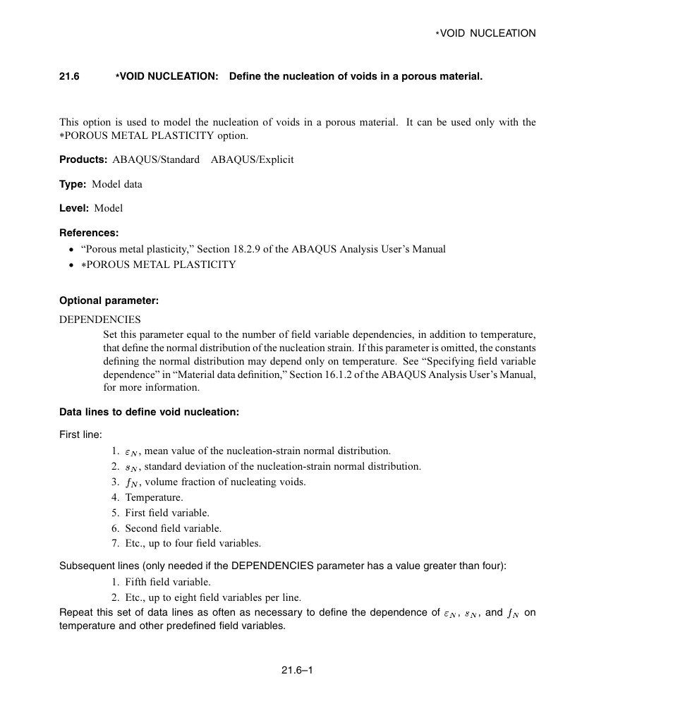 Optional parameter, Data lines to define void nucleation | ABAQUS Volume II: I–Z User Manual | Page 615 / 628