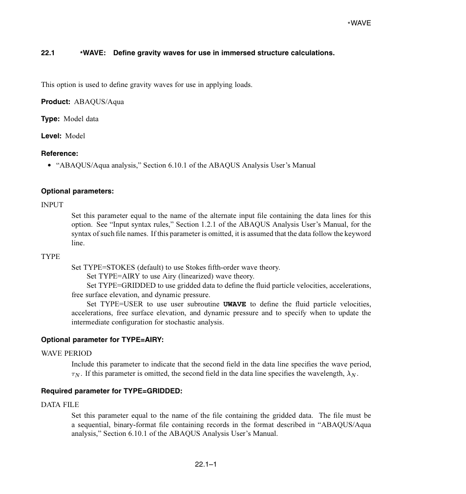 Optional parameters, Optional parameter for type = airy, Required parameter for type = gridded | ABAQUS Volume II: I–Z User Manual | Page 623 / 628