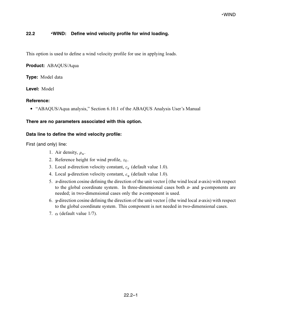 Data line to define the wind velocity profile | ABAQUS Volume II: I–Z User Manual | Page 627 / 628