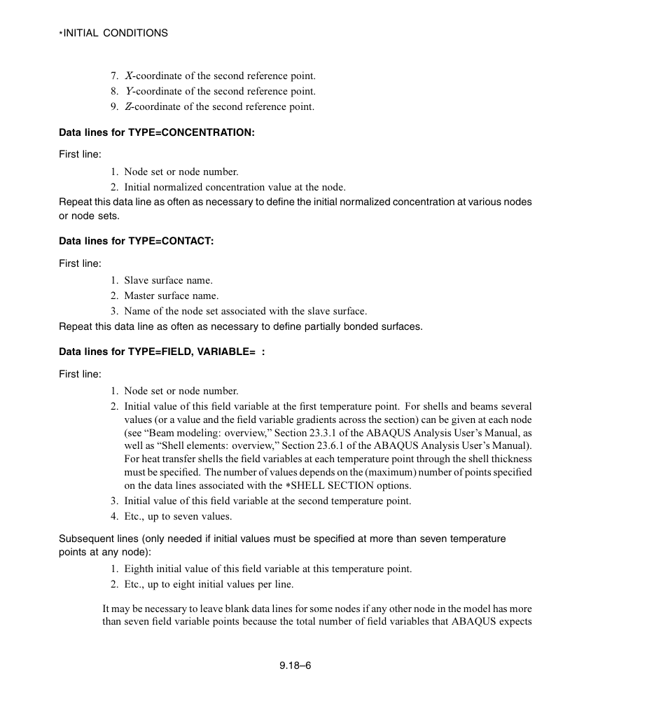 Data lines for type = concentration, Data lines for type = contact, Data lines for type = field, variable = n | ABAQUS Volume II: I–Z User Manual | Page 66 / 628