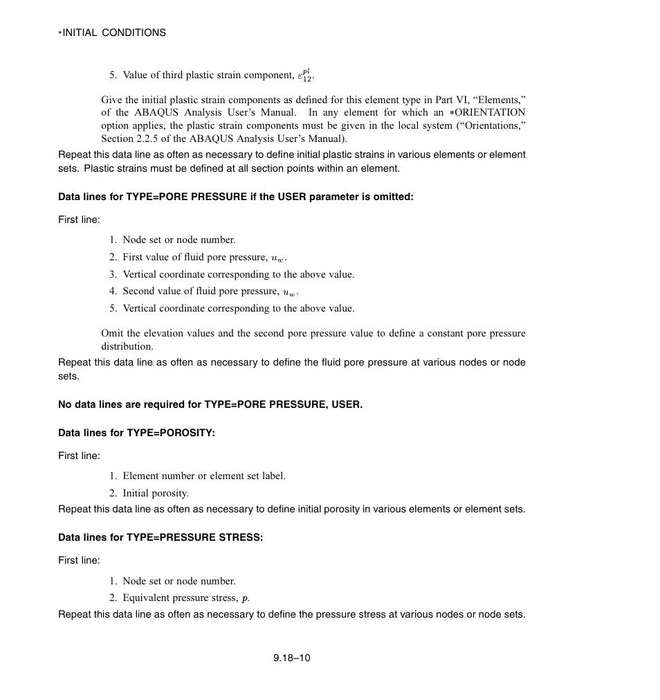 Data lines for type = porosity, Data lines for type = pressure stress | ABAQUS Volume II: I–Z User Manual | Page 70 / 628