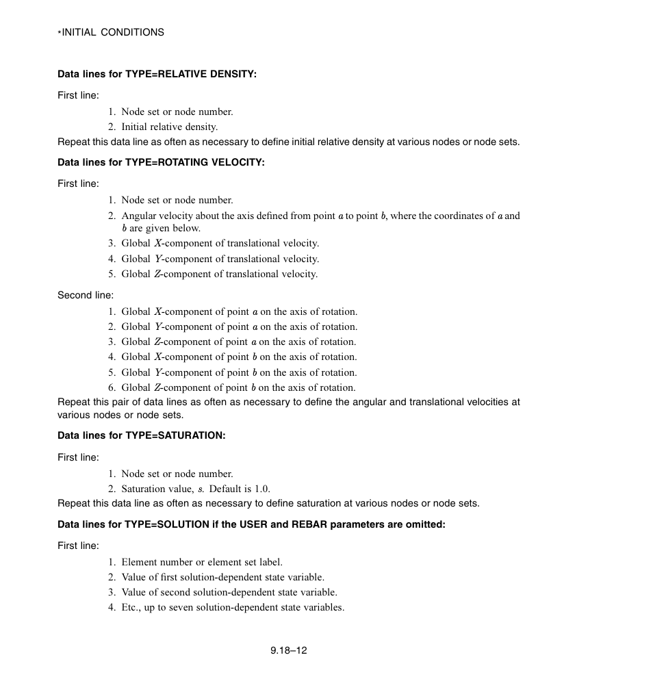 Data lines for type = relative density, Data lines for type = rotating velocity, Data lines for type = saturation | ABAQUS Volume II: I–Z User Manual | Page 72 / 628